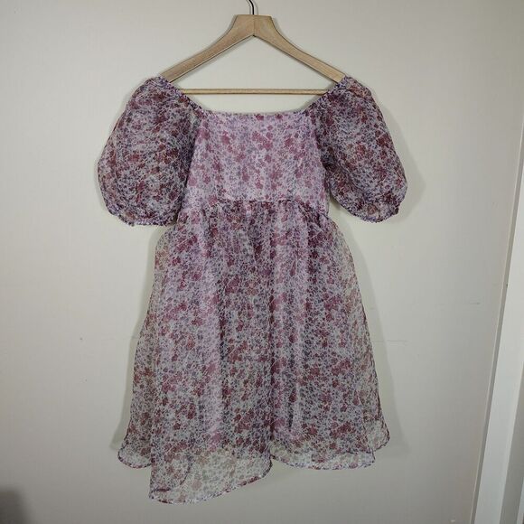 Floral Puff Sleeve Chiffon Mini Dress Purple Cottagecore Fairy Size M - Picture 2 of 10